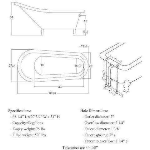 Cambridge Plumbing Clawfoot Freestanding Acrylic Slipper Bathtub 67" X 30" AST67 - Houux