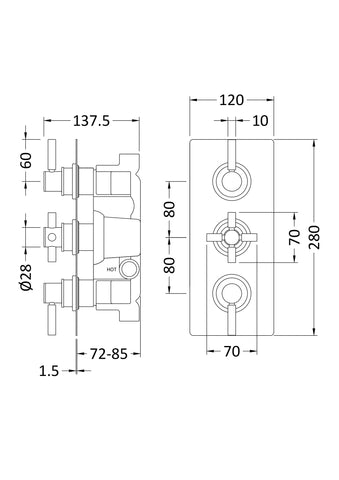 Hudson Reed A3003 Tec Pura Triple Thermostatic Shower Valve, Chrome