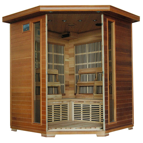 Whistler 4-Person Cedar Corner Infrared Sauna w/ 10 Carbon Heaters - Houux