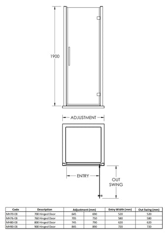 Hudson Reed MH70H4 Apex 700mm Hinged Door, Polished Chrome