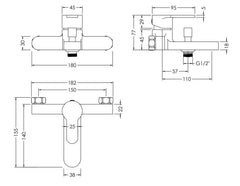 Nuie ARV316 Arvan Wall Mounted Bath Shower Mixer With Kit, Chrome