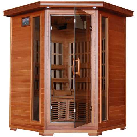 3-Person Cedar Corner Infrared Sauna w/ 7 Carbon Heaters - Houux
