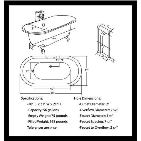 Cambridge Plumbing Acrylic Double Ended Clawfoot Bathtub 70" X 30" ADE70 - Houux