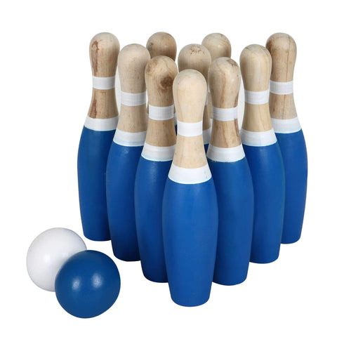 10-Pin Lawn Bowling Game with Solid Wood Pins and Balls – Blue/White - Houux