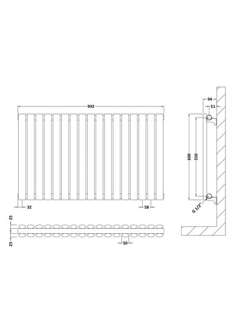 Hudson Reed HLA39D Revive Horizontal Double Panel Radiator 600 x 992, Anthracite