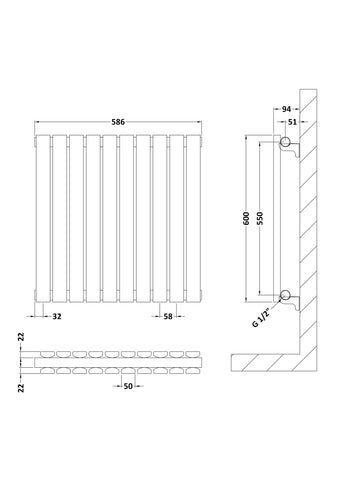 Hudson Reed HLA55D Sloane Horizontal Double Panel Radiator 600 x 586, Anthracite