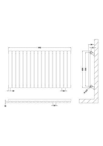 Hudson Reed HLW56 Sloane Horizontal Single Panel Radiator 600 x 992, Satin White