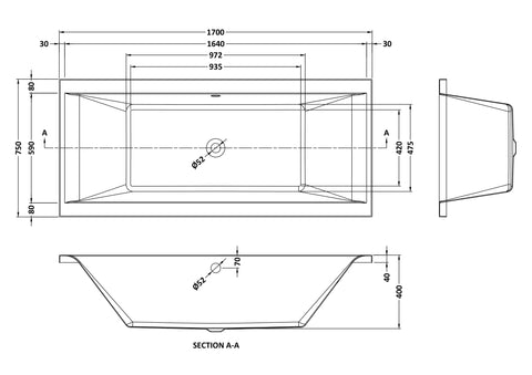 Nuie NBA210 Asselby Square Double Ended Bath 1700 x 750mm, White