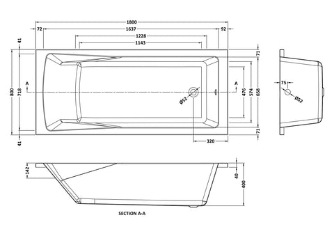 Nuie NBA414 Linton Square Single Ended Bath 1800 x 800mm, White