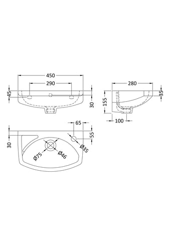 Nuie NCU842 Melbourne 450mm Wall Hung Basin Soft Square, White