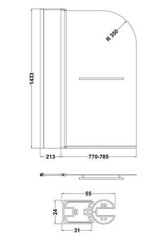 Nuie NSSR2 Pacific Round Bath Screen Fixed Panel & Rail, Polished Chrome