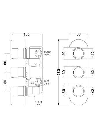 Hudson Reed RNDTR03 Round Triple Valve with Diverter, Chrome