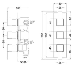 Nuie SANTR03 Sanford Triple Thermostatic Valve With Diverter, Chrome