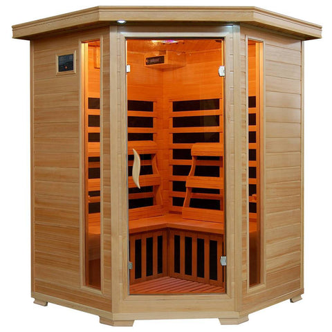 Sante Fe 3-Person Hemlock Corner Infrared Sauna w/ 7 Carbon Heaters - Houux