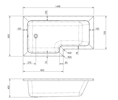 Nuie SBATH28 1500mm Left Hand Square Shower Bath Set, White