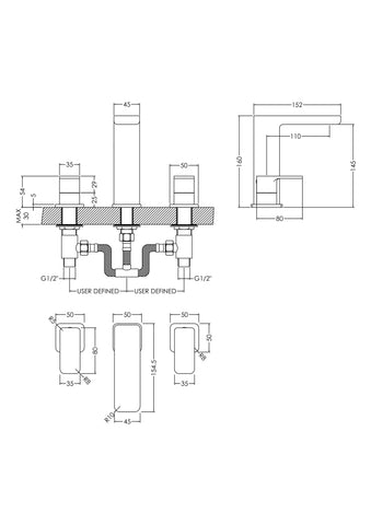 Nuie WIN337 Windon Deck Mounted 3 Tap Hole Basin Mixer With Pop Up Waste, Chrome