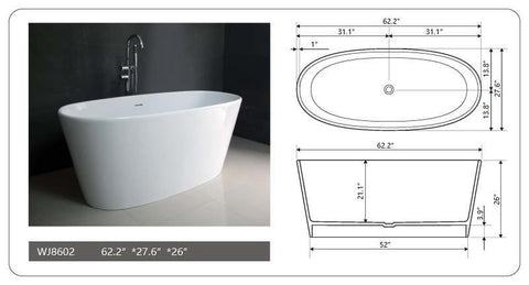 Legion Furniture WJ8602-W 62.2" White Matt Solid Surface Tub, No Faucet - Houux