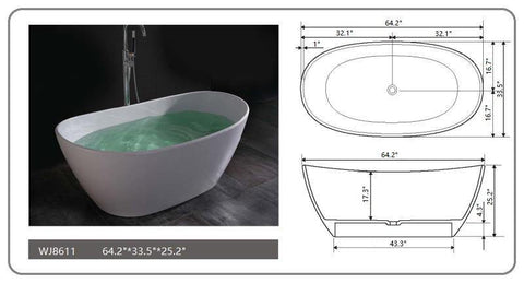 Legion Furniture WJ8611-W 64.2" White Matt Solid Surface Tub, No Faucet - Houux