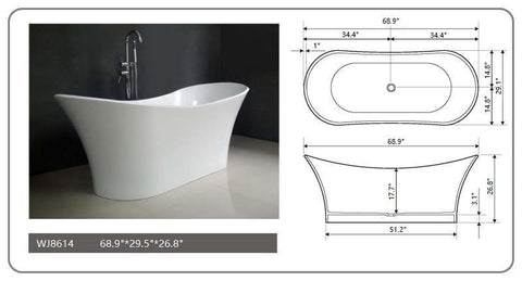 Legion Furniture WJ8614-W 68.9" White Matt Solid Surface Tub, No Faucet - Houux