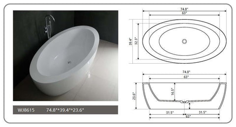 Legion Furniture WJ8615-W 74.8" White Matt Solid Surface Tub, No Faucet - Houux