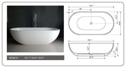 Legion Furniture WJ8619-W 70.1" White Matt Solid Surface Tub, No Faucet - Houux