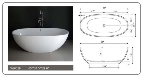 Legion Furniture WJ8628-W 65" White Matt Solid Surface Tub, No Faucet - Houux