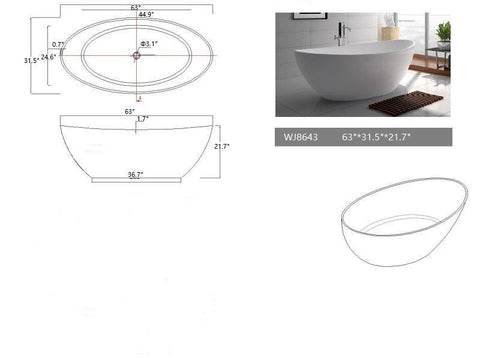 Legion Furniture WJ8643-W 63" White Matt Solid Surface Tub, No Faucet - Houux