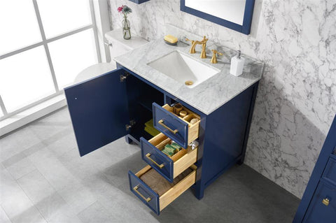 Legion Furniture WLF2136-B 36" Blue Finish Sink Vanity Cabinet With Carrara White Top - Houux