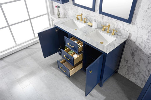 Legion Furniture WLF2154-B 54" Blue Finish Double Sink Vanity Cabinet With Carrara White Top - Houux