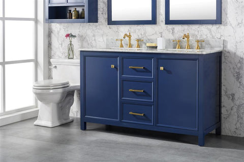 Legion Furniture WLF2154-B 54" Blue Finish Double Sink Vanity Cabinet With Carrara White Top - Houux