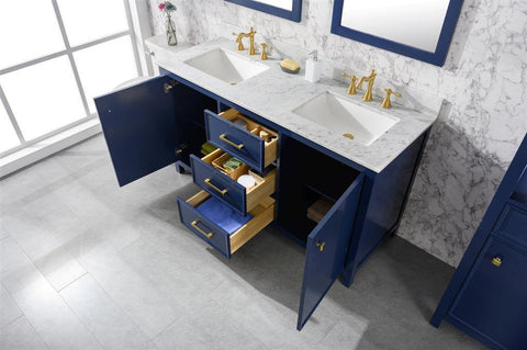 Legion Furniture WLF2160D-B 60" Blue Finish Double Sink Vanity Cabinet With Carrara White Top - Houux
