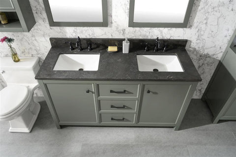 Legion Furniture WLF2160D-PG 60" Pewter Green Finish Double Sink Vanity Cabinet With Blue Lime Stone Top - Houux