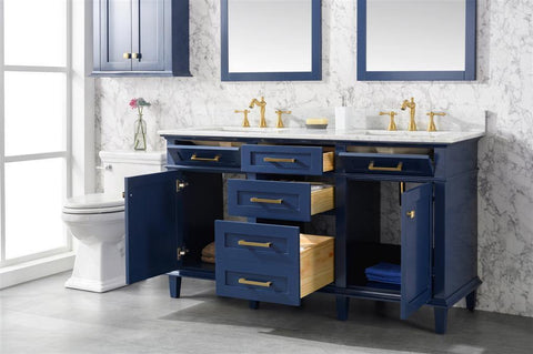 Legion Furniture WLF2260D-B 60" Blue Finish Double Sink Vanity Cabinet With Carrara White Top - Houux