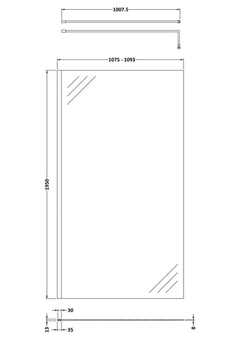 Hudson Reed WRSBP11 1100mm Wetroom Screen With Black Support Bar, Matt Black